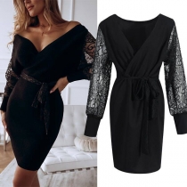 Sexy Deep V-neck Lace Spliced Long Sleeve Tie-belt Slim Fit Dress