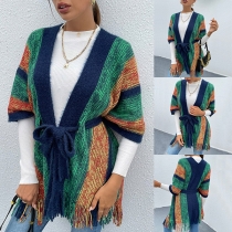 Fashion Contrast Color Half Sleeve Tassel Hem Stripe Shawl Cardigan