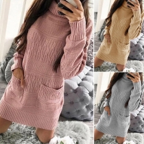 Fashion Solid Color Long Sleeve Turtleneck Front-pocket Sweater Dress