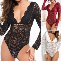 Sexy Deep V-neck Long Sleeve Solid Color See-through Lace Bodysuit