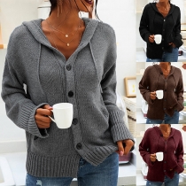 Fashion Solid Color Long Sleeve Hooded Single-breasted Knit Cardigan