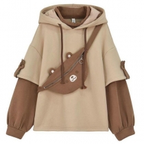 Casual Style Contrast Color Long Sleeve Hooded Loose Sweatshirt with Bag