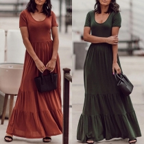 Retro Style Short Sleeve Round Neck High Waist Solid Color Cake Dress