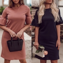 Sweet Style Lotus Sleeve Round Neck Solid Color Slim Fit Dress