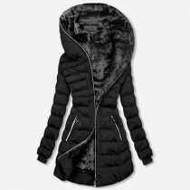 Fashion Solid Color Long Sleeve Hooded Plush Lining Slim Fit Padded Coat