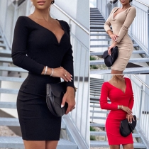 Sexy Deep V-neck Long Sleeve Solid Color Slim Fit Dress