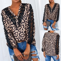 Sexy Lace Spliced Long Sleeve V-neck Leopard Printed Top