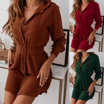 OL Style Long Sleeve POLO Collar Single-breasted Solid Color Shirt Dress with Waistband
