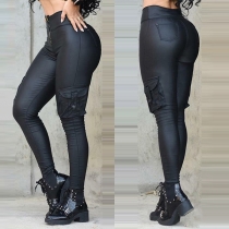 Fashion Solid Color High Waist Slim Fit Side-pocket PU Leather Pants