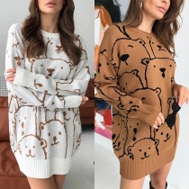 Cute Style Cartoon Bear Pattern Long Sleeve Round Neck Knit Sweater