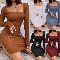 Sexy Square Collar Long Sleeve Solid Color Slim Fit Dress