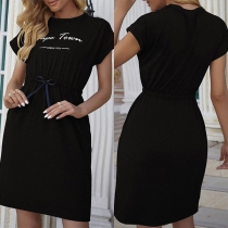 Fashion Letters Printed Short Sleeve Round Neck Drawstring Waist Dress