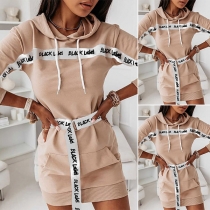 Fashion Letters Printed Ribbon Spliced Long Sleeve Hooded Sweatshirt Dress