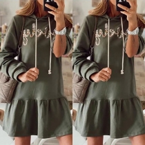 Fashion Long Sleeve Hooded Letters Printed Ruffle Hem Sweatshirt Dress