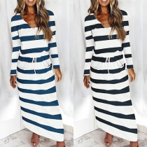 Casual Style Long Sleeve Oblique Shoulder Loose Striped Dress