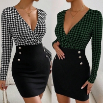 Sexy Backless Square Collar Long Sleeve Slim Fit Houndstooth Dress