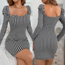 Sexy Backless Square Collar Long Sleeve Slim Fit Houndstooth Dress