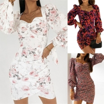 Sweet Style Long Sleeve Square Collar Irregular Hem Slim Fit Printed Dress