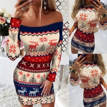 Fashion Long Sleeve Off-shoulder Boat Neck Christmas Printed Dress
