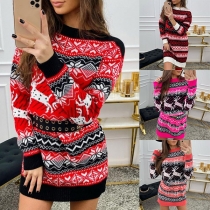 Cute Elk Pattern Long Sleeve Round Neck Slim Fit Knit Sweater Dress