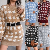 Fashion Lantern Sleeve Round Neck Slim Fit Houndstooth Sweater Dress