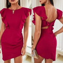 Sexy Backless Ruffle Cuff Solid Color Round Neck Slim Fit Dress