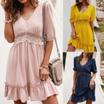 Sexy V-neck Half Sleeve Ruffle Hem Lace Spliced High Waist Dress