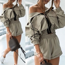 Fashion Long Sleeve Short-style Hooded Coat + High Waist Shorts Two-piece Set