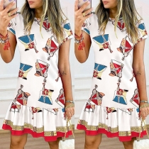 Fashion Short Sleeve Round Neck Colorful Square Ruffle Hem Dress