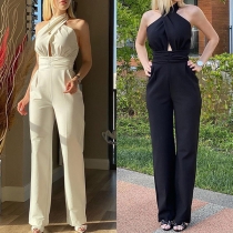 Sexy Off-shoulder High Waist Solid Color Crossover Halter Jumpsuit