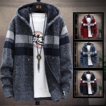 Fashion Contrast Color Long Sleeve Hooded Plush Lining Man's Knit Coat