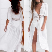 Sexy Deep V-neck Half Sleeve Solid Color Lace Spliced Bikini Cardigan
