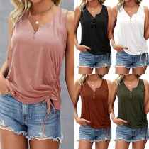 Simple Style Sleeveless V-neck Side-drawstring Solid Color T-shirt