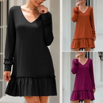 Fashion Solid Color Long Sleeve V-neck Ruffle Hem Loose Dress