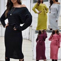 Sexy Off-shoulder Boat Neck Long Sleeve Slim Fit Tie-belt Knit Dress