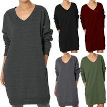 Fashion Solid Color Long Sleeve V-neck Loose Sweatshirt Dress