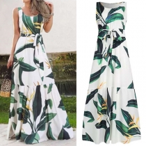Bohemian Style Sleeveless Round Neck High Waist Printed Maxi Dress