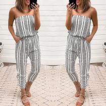 Sexy Strapless Drawstring High Waist Stripe Jumpsuit
