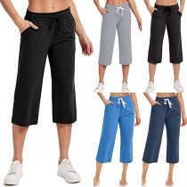 Simple Style Solid Color Drawstring Elastic Waist Cropped Pants