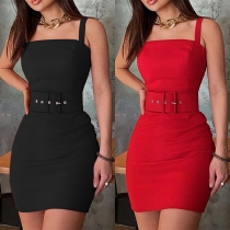 Sexy Backless High Waist Solid Color Slim Fit Sling Dress with Waistband