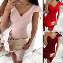 Sexy One-shoulder Ruffle Hem Solid Color Slim Fit Party Dress