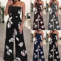 Sexy Backless High Waist Wide-leg Sling Printed Jumpsuit