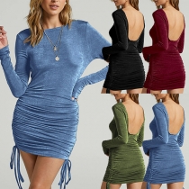 Sexy Backless Solid Color Long Sleeve Round Neck Side-drawstring