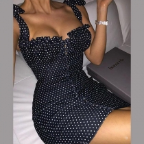 Sexy Backless Square Collar Dots Printed Slim Fit Sling Dress