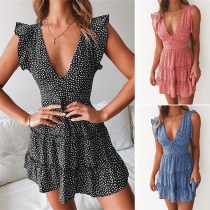 Sexy Deep V-neck Sleeveless Ruffle Hem Dots Printed Summer Dress