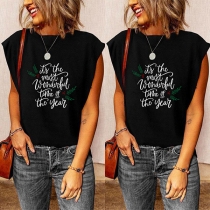 Casual Style Sleeveless Round Neck Letters Printed Loose T-shirt
