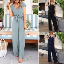 Sexy Backless V-neck Short Sleeve High Waist Wide-leg Jumpsuit