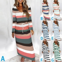Fashion Long Sleeve V-neck Drawstring Waist Stripe Dress