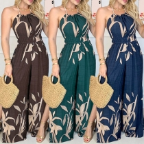 Sexy Backless High Waist Slit Hem Wide-leg Halter Printed Jumpsuit