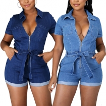 Fashion Short Sleeve POLO Collar High Waist Slim Fit Denim Romper with Waistband